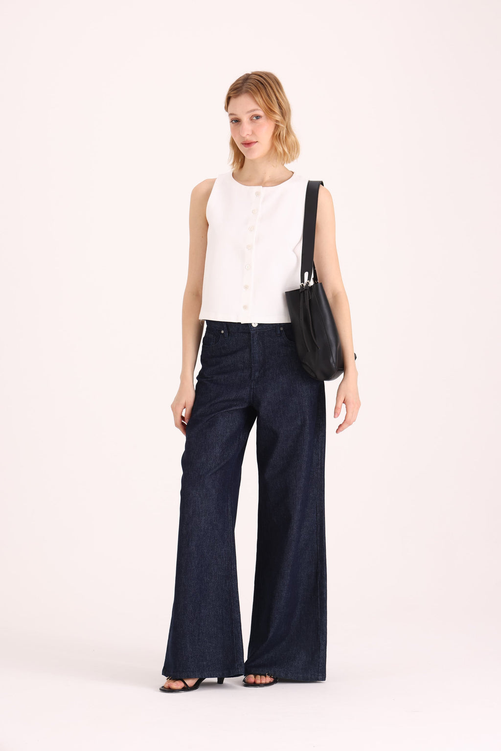 Y005 WIDE LEG T.ALTO INDIGO SATINADO