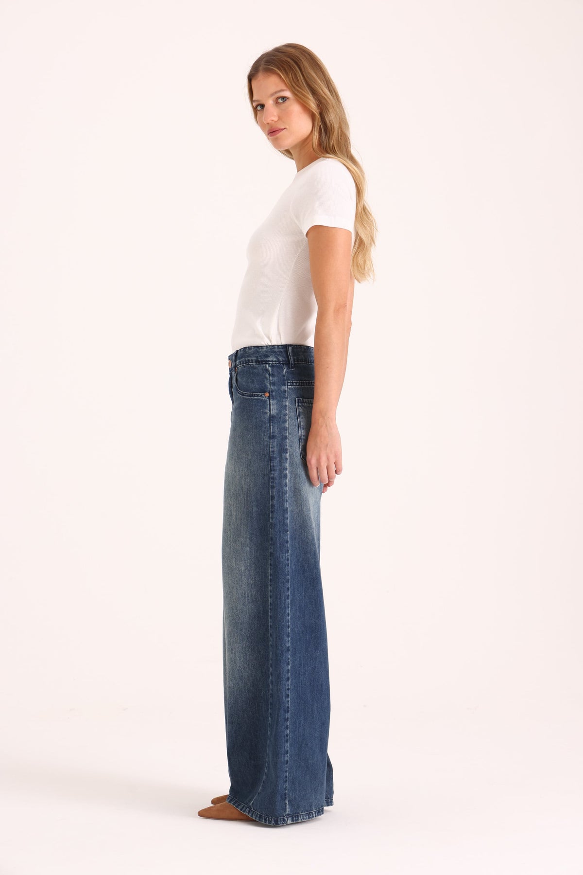 Y005 WIDE LEG T.ALTO INDIGO CON CONTRASTE